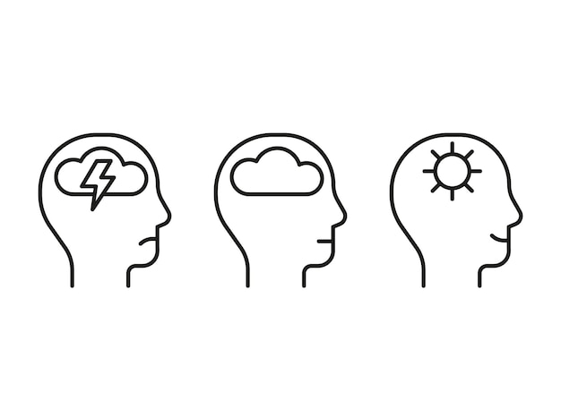 Profil Głowy Ze Spokojem I Dobrym Zdrowiem Psychicznym. Ikona Linii Twarz Z Chmurą Burzową, Jasne Niebo Słońce