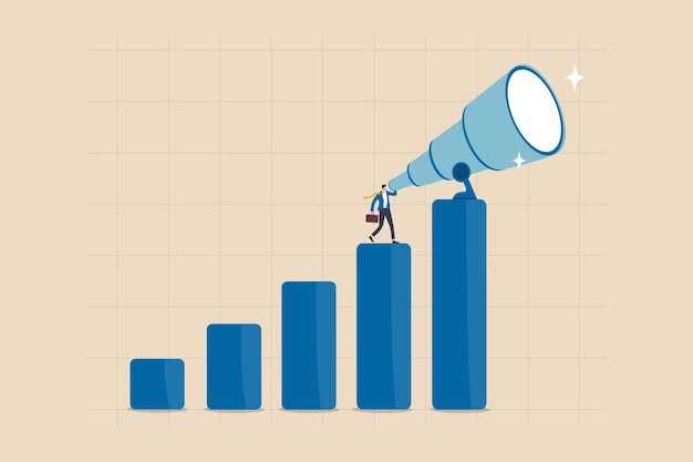 Prognozy Biznesowe, Wizjoner Odkrywania Możliwości, Szukania Przyszłych Trendów Przewagi, Inwestycji Giełdowych Lub Danych Ekonomicznych, Sprytny Biznesmen Patrzy Przez Duży Teleskop Na Rosnący Wykres.