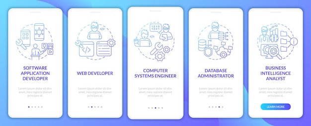 Programiści Jobs mogą uzyskać ekran aplikacji mobilnej z niebieskim gradientem Opis pracy 5 kroków z instrukcjami graficznymi Strony z liniowymi koncepcjami Szablon UI UX GUI Myriad ProBold Użyte zwykłe czcionki