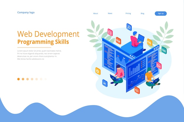Programista Izometryczny Kodujący Nowy Projekt. Umiejętności Tworzenia I Programowania Stron Internetowych Dla Strony Internetowej. Web Banner Projektowy Zespół Inżynierów Zajmujących Się Projektowaniem Stron Internetowych, Php, Html, Css, Js.