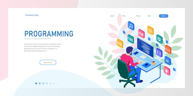 Programista izometryczny kodujący nowy projekt. Web developer, koncepcja programowania. Szablon do tworzenia strony docelowej lub strony mobilnej.