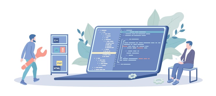 Wektor programming software developer team working with programming code on laptop backend development co