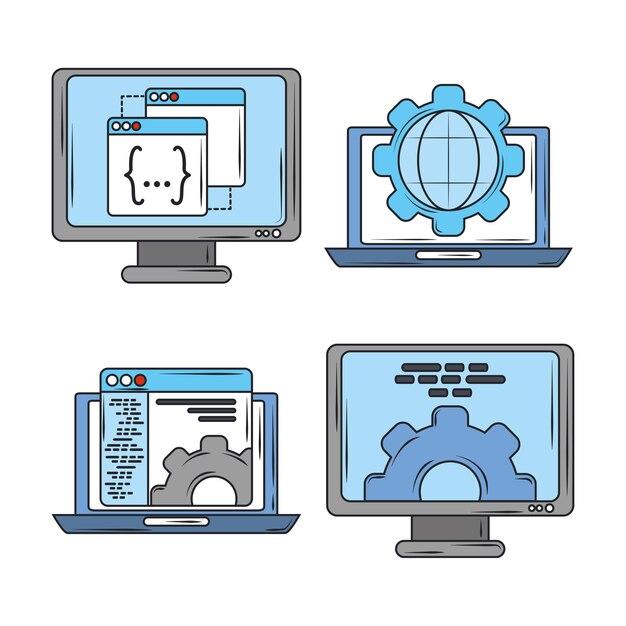 Programowanie I Kodowanie Oprogramowania Cyfrowego W Sieci Web, Ilustracja Ikony Ekranów Komputerów Przenośnych
