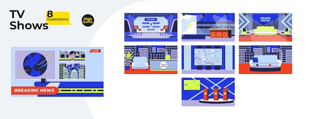 Programy telewizyjne zestaw studyjny kreskówki płaskie ilustracje mega pakiet