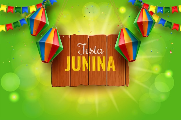 Plik wektorowy projekt banera festa junina w zielonym tle bokeh