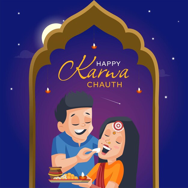 Projekt Banera Szablonu Stylu Cartoon Happy Karwa Chauth