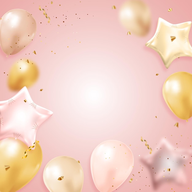 Projekt banera z okazji urodzin gratulacje z balonami konfetti i błyszczącą brokatową wstążką na imprezę tło wakacje ilustracja wektorowa