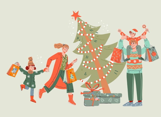 Plik wektorowy projekt banerów świątecznych i noworocznych z rodziną kupującą świąteczne prezenty rodzinne świąteczne zakupy