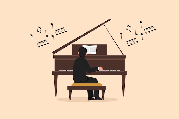 Plik wektorowy projekt biznesowy rysunek człowiek gra na pianinie mężczyzna wykonawca siedzi na instrumencie muzycznym i gra jazz lub blues profesjonalny muzyk osoba wykonuje na scenie ilustracja wektorowa stylu płaski kreskówka