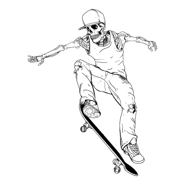 Projekt Czarno-biały Ręcznie Rysowane Ilustracji Skeleton Skateboarder Premium