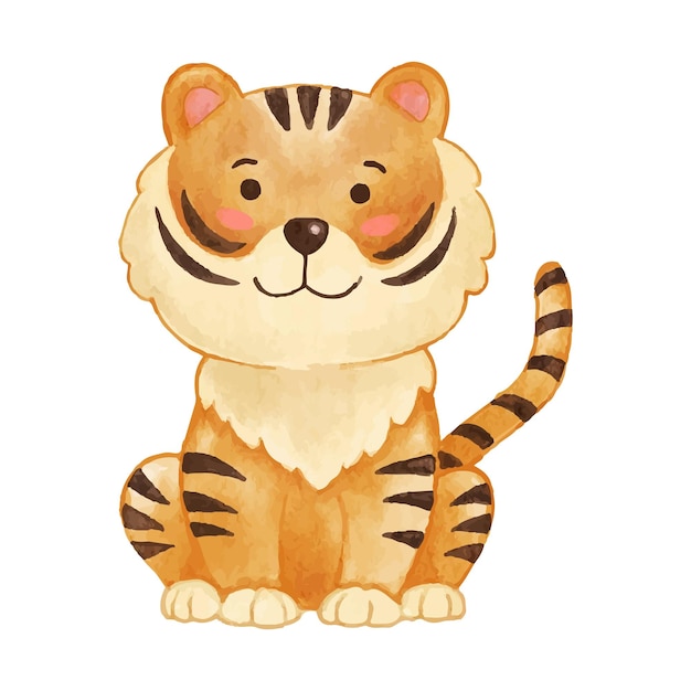 Projekt Farby Akwarelowej Tygrys Cute Postać Z Kreskówki Zwierząt Pozycja Siedząca Vector