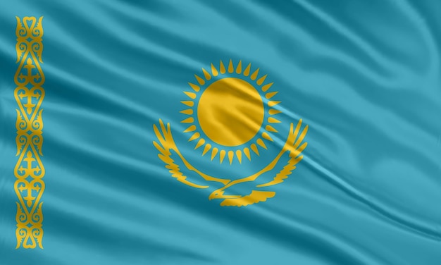 Plik wektorowy projekt flagi kazachstanu. machająca flaga kazachstanu wykonana z satyny lub jedwabiu. ilustracja wektorowa.