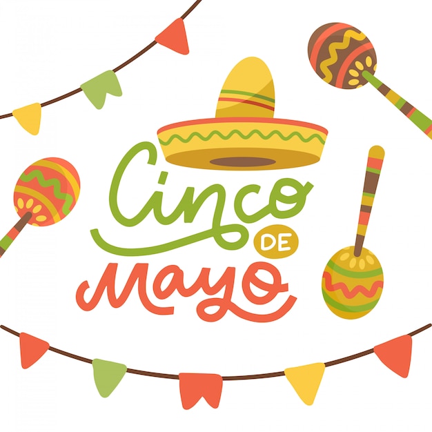 Projekt Godła Cinco De Mayo Z Ręcznie Rysowane Kaligrafii, Sombrero, Flagi I Marakasy - Symbole Wakacji. Pojedynczo Na Białym Tle. Ilustracja Ręcznie Rysowane.