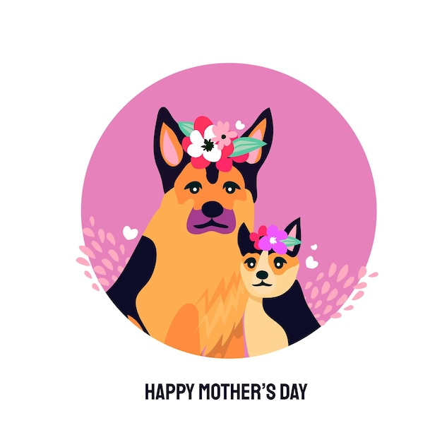 Projekt Happy Mother's Day Z Owczarkiem Niemieckim I Małym Szczeniakiem Wokół Niej Dla Miłośników Pasterzy Wszędzie Wiosna Lato Wieniec Kwiatów Międzynarodowy Dzień Zwierzaka