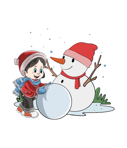 Plik wektorowy projekt ilustracji kreskówkowej przedstawiającej śliczną dziewczynę bawiącą się w bałwana zimą
