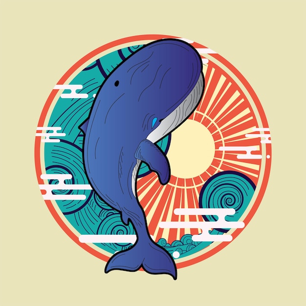 projekt ilustracji wielorybów z tłem w stylu retro w stylu japońskim