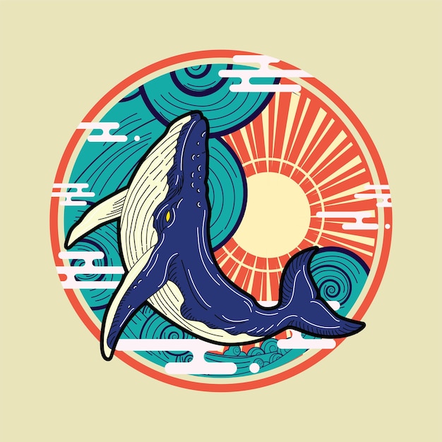 projekt ilustracji wielorybów z tłem w stylu retro w stylu japońskim