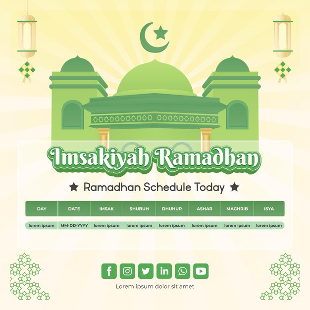 Projekt Imsakia dla Ramadan Kareem. Harmonogram ramadanu. Eid Mubarak. Czasy modlitwy w Ramadanie.