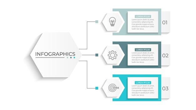 Projekt infografiki biznesowej z trzema opcjami etykiety wektorowej z szablonem sześciokątów