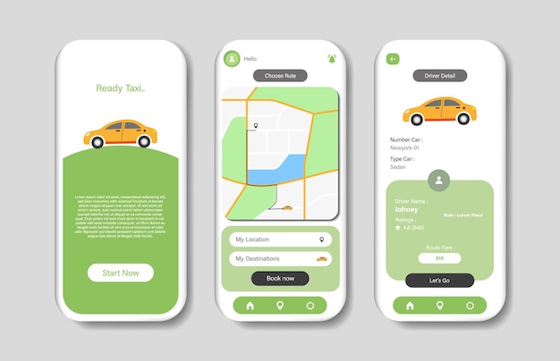Plik wektorowy projekt interfejsu ekranu aplikacji do zamawiania taksówek online