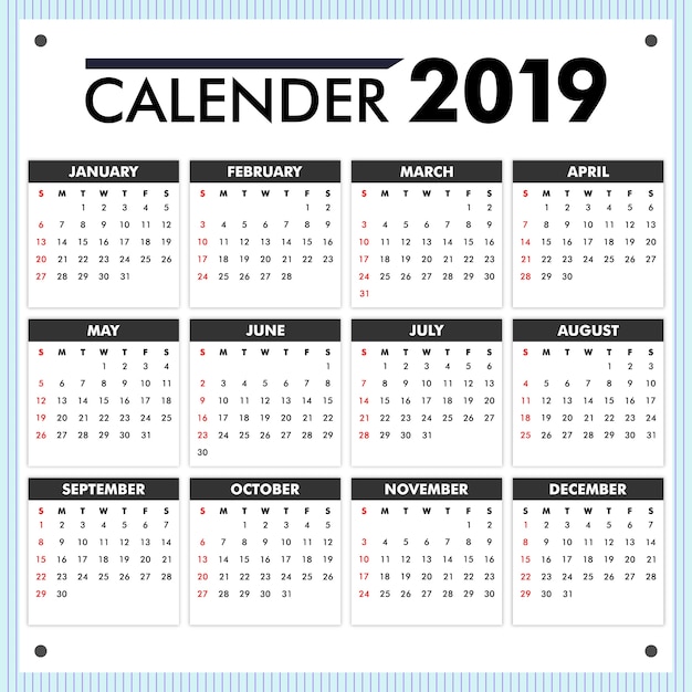 Plik wektorowy projekt kalendarza 2019