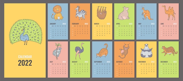 Projekt Kalendarza Lub Planera 2022 Z Uroczymi Zwierzętami Z Dżungli. Wektor Edytowalny Szablon Z Okładką, Miesięcznymi Stronami I Postaciami Z Kreskówek. Tydzień Zaczyna Się W Niedzielę