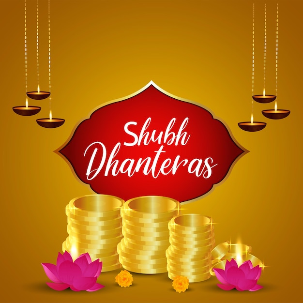 Projekt Kartki Z życzeniami Shubh Dhanteras Ze Złotym Puli Na Monety Z Kwiatem Lotosu