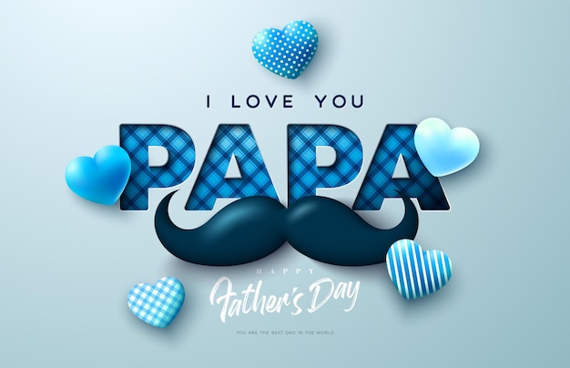 Projekt kartki z życzeniami szczęśliwy dzień ojca z sercem i wąsami na jasnym tle Kocham cię Papa