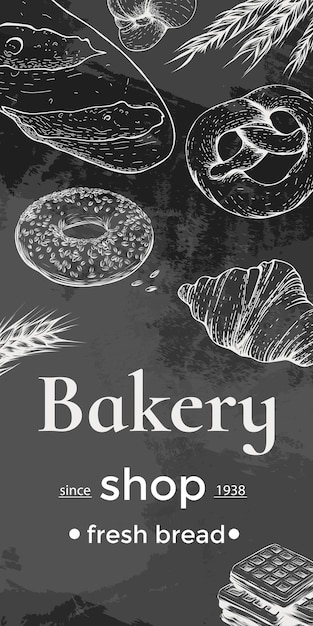 Plik wektorowy projekt karty wektorowej z ręcznie narysowaną ilustracją pieczenia z atramentem szablon vintage z chlebem i ciastami