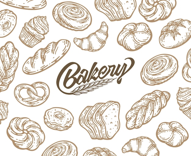 Projekt karty z tuszem ręcznie rysowane ilustracji do pieczenia. Vintage szablon z chleba i ciastek doodle szkic.