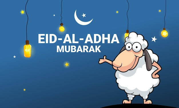 Projekt Karty życzeń Eid Al Adha Mubarak Z Islamską Dekoracją Light Moon Stars I Owce