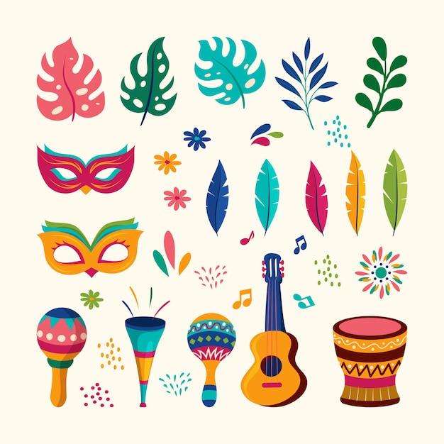 Projekt Kolekcji Elementów Obchodów Karnawału W Brazylii Z Prostym Kolorowym Płaskim Projektem