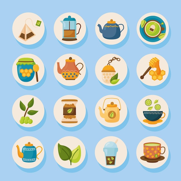 Projekt Kolekcji Symboli Herbaty, Ilustracja Motywu Napoju Czasowego I Napoju