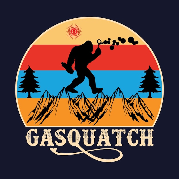 Projekt Koszulki Gasquatch. Wektor Retro Bigfoot.