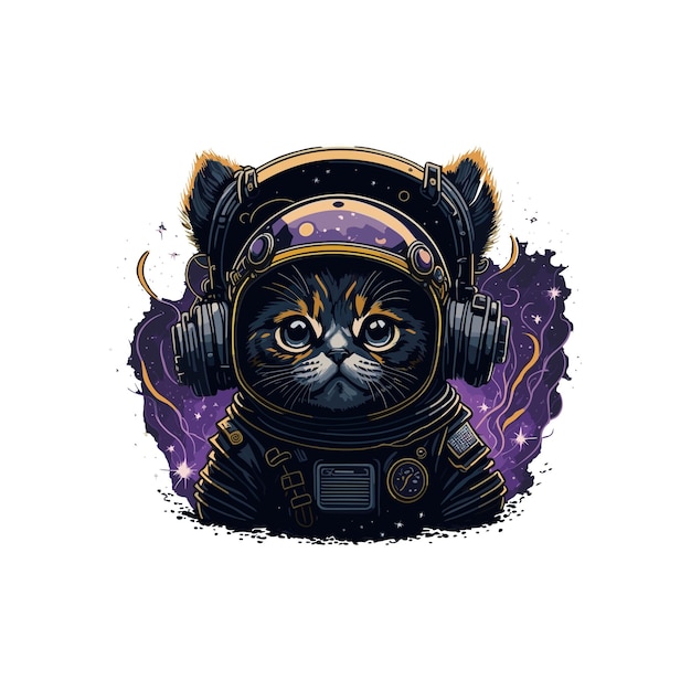 Projekt koszulki z motywem galaktyki, przedstawiający uroczego kota w kasku ochronnym