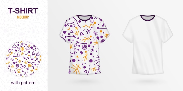 Projekt Koszulki Z Wzorem Koszykówki W Kolorze Fioletowym I Pomarańczowym. Wzór Zawarty W Próbce. Makieta Wektor T-shirt.