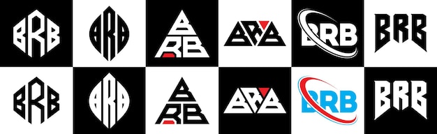 Plik wektorowy projekt logo brb w sześciu stylach: wielokąt, krąg, trójkąt, sześciokąt, płaski i prosty styl z czarno-białym kolorem, logo brb minimalistyczne i klasyczne.