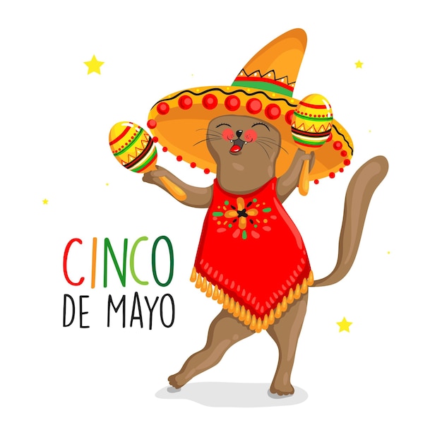 Projekt Logo Cinco De Mayo Z Napisem I Postacią Kota Meksykańskiego Ubranym W Sombrero Ilustracja Wektorowa Eps 10