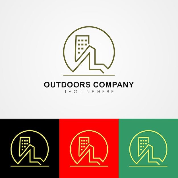 Plik wektorowy projekt logo firmy na zewnątrz, szablon projektu z ikonami góry i budynku