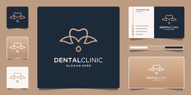 Plik wektorowy projekt logo kliniki dentystycznej z projektem logo liścia i kropli z wizytówką.