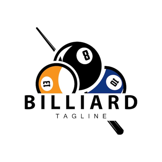 Plik wektorowy projekt logo klubu bilardowego, odznaka gry wektorowej, szablon sportu, stół bilardowy z piłką i kijem, prosty