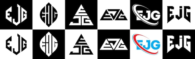 Plik wektorowy projekt logo litery eje w sześciu stylach eje wielokąt okrąg trójkąt sześciokąt płaski i prosty styl z czarnym i białym kolorem logo litery ustawione w jednym artboard eje minimalistyczne i klasyczne logo