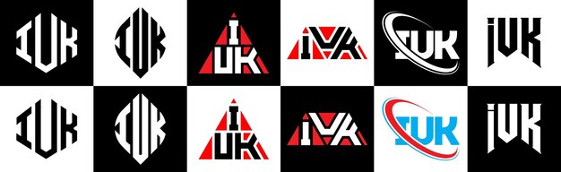 Plik wektorowy projekt logo litery iuk w sześciu stylach iuk wielokątny okrąg trójkąt sześciokątny płaski i prosty styl z czarno-białym logo w kształcie litery iuk umieszczonym w jednym obszarze roboczym minimalistyczne i klasyczne logo iuk