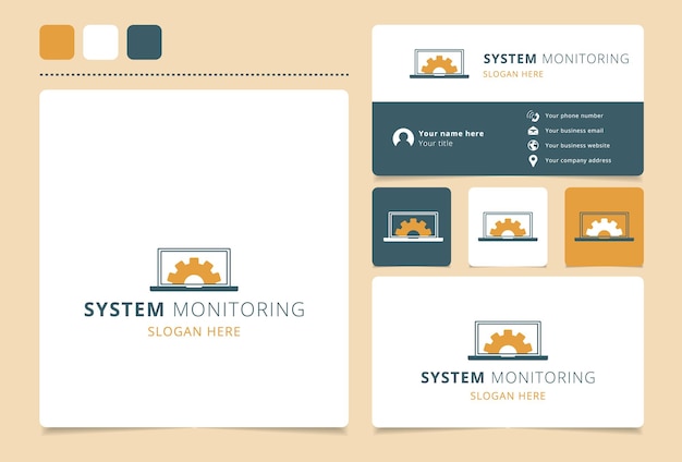 Projekt logo monitorowania systemu z edytowalnym hasłem, wizytówką i szablonem książki marki