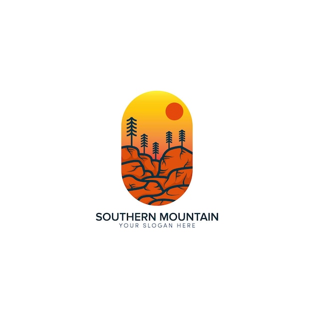 Projekt Logo Południowej Góry I Wzgórza Z Pomarańczowym Słońcem