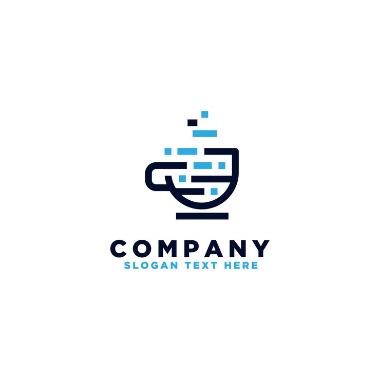 Projekt logo technologii kawy, kubek kawy i symbol technologii danych w nowoczesnym minimalistycznym stylu