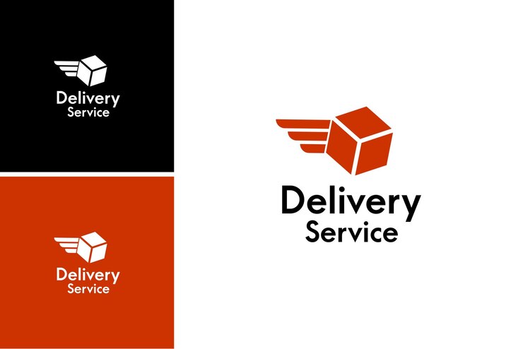 projekt logo usługi dostawy. speed express box z logotypem wektora skrzydła