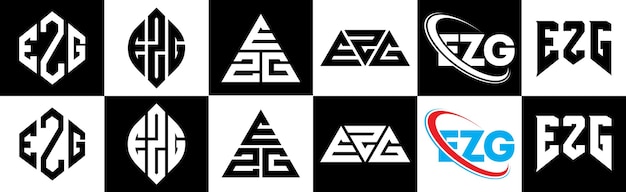 Plik wektorowy projekt logo w kształcie litery ezg w sześciu stylach wielokąt ezg, okrąg, trójkąt, sześciokąt, płaski i prosty styl z czarno-białą wariacją kolorystyczną, logo w kształcie litery umieszczone w jednym obszarze roboczym minimalistyczne i klasyczne logo ezg