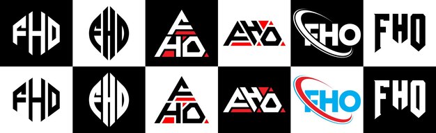 Plik wektorowy projekt logo w kształcie litery fho w sześciu stylach fho wielokątny okrąg trójkąt sześciokątny płaski i prosty styl z czarno-białymi odmianami logo w kształcie litery w jednym obszarze roboczym minimalistyczne i klasyczne logo fho
