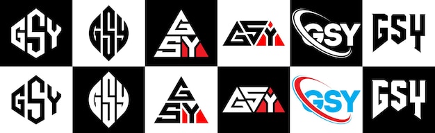 Plik wektorowy projekt logo w kształcie litery gsy w sześciu stylach wielokątny, okrągły, trójkątny gsy, sześciokątny, płaski i prosty styl z czarno-białą wariacją kolorystyczną, logo w kształcie litery gsy umieszczone w jednym obszarze roboczym minimalistyczne i klasyczne logo gsy